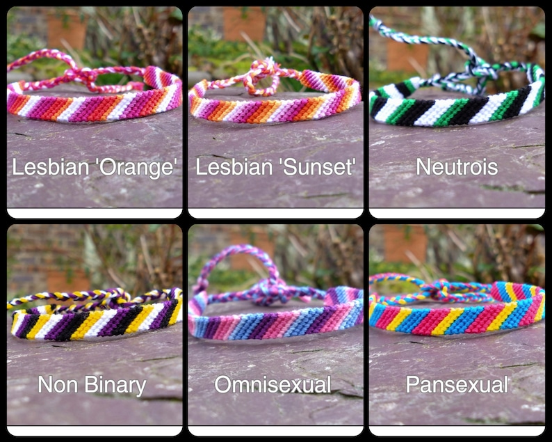 Puede incluir: Seis pulseras de la amistad con diferentes patrones de colores que representan diversas orientaciones sexuales. Las pulseras est&aacute;n hechas con hilo de bordar de colores y est&aacute;n atadas en un nudo. Las pulseras est&aacute;n etiquetadas con las siguientes identidades: Lesbiana 'Naranja', Lesbiana 'Atardecer', Neutrois, No Binario, Omnisexual y Pansexual.