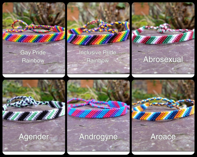 Puede incluir: Seis pulseras de la amistad con diferentes patrones de colores y etiquetas de texto. Las pulseras est&aacute;n hechas con hilo de bordar de colores y est&aacute;n atadas en un nudo al final. Las etiquetas son: Gay Pride Rainbow, Inclusive Pride Rainbow, Abrosexual, Agender, Androgyne y Aroace.
