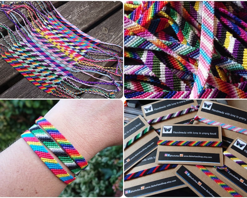 Puede incluir: Primer plano de una variedad de pulseras de amistad coloridas con diferentes patrones de banderas del orgullo. Las pulseras est&aacute;n hechas a mano y tienen una etiqueta que dice "Handmade with love in every knot".