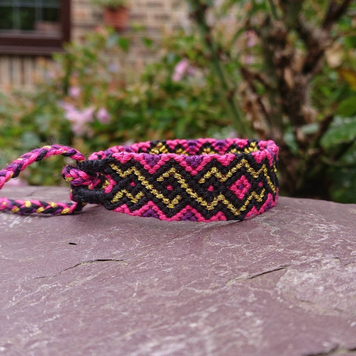 Hot Pink, Purple, Black and Metallic Gold Tribal Friendship Bracelet