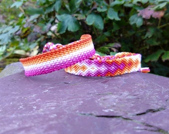 Lesbian 'Sunset' Pride Flag or Arrowhead Friendship Bracelet, Sapphic Woven Macrame Cotton Adjustable Tie-On Bracelet, LGBTQ Pride Jewellery