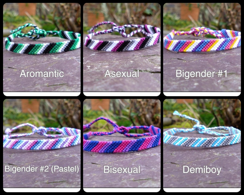 Puede incluir: Seis pulseras de la amistad con diferentes patrones de colores que representan diversas identidades de g&eacute;nero. Las pulseras est&aacute;n hechas con hilo de bordar de colores y est&aacute;n atadas con un nudo. Las pulseras est&aacute;n etiquetadas con las siguientes identidades: Aromantic, Asexual, Bigender #1, Bigender #2 (Pastel), Bisexual y Demiboy.