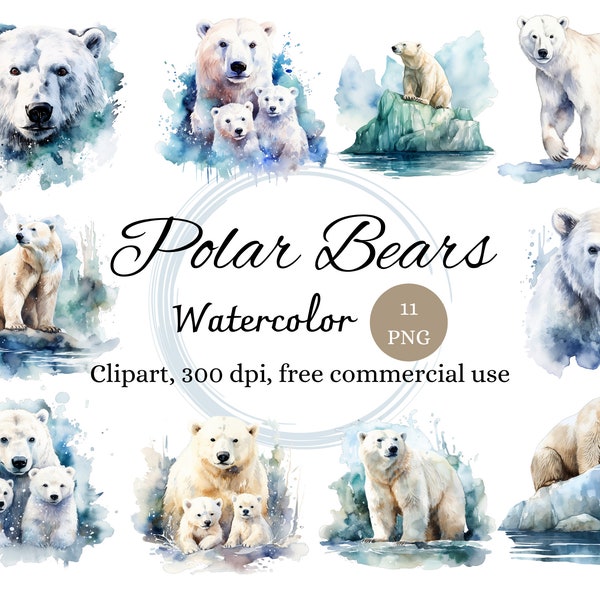 Watercolor polar bear clip art, cute white bears clipart, arctic animal graphics, wildlife printable, snow animals prints, commercial use