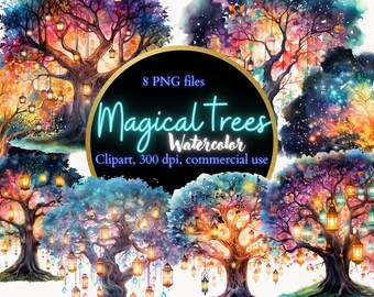 Árboles mágicos, árboles brillantes, bosque mágico, bosque encantado, árboles encantados, magia de árboles, imágenes prediseñadas de árboles, linternas, imprimible, imágenes prediseñadas, PNG