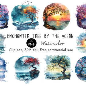May include: A set of 10 watercolor illustrations featuring enchanted trees by the ocean. Each illustration depicts a tree with glowing lights, surrounded by water and a sky with clouds and stars. The illustrations are perfect for adding a touch of magic to any project.