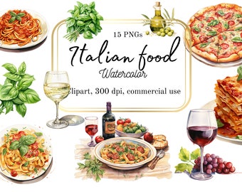 Watercolor Italian food clip art, printable pizza graphics, pasta clipart, Italy cuisine print, commercial use, 15 PNGs, instant download