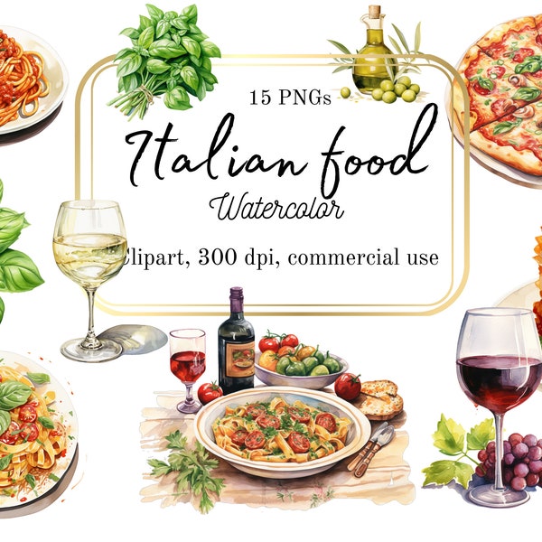 Watercolor Italian food clip art, printable pizza graphics, pasta clipart, Italy cuisine print, commercial use, 15 PNGs, instant download