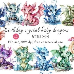 Aquarelle bébé dragon pierre de naissance, clipart pierre de naissance, dragons de pierre de naissance pour la conception de cartes en papier, jolis bébés dragons avec cristaux, fichiers png