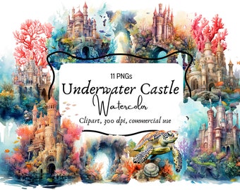 Underwater castle, castle watercolor clipart, digital print, 11 PNG watercolor castle images, PNG, instant digital download, commercial use.