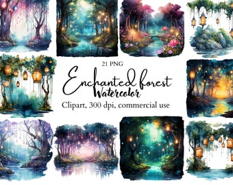 Enchanted forest clip art, magic forest graphics, printable trees lantern, watercolor magical clipart, commercial use, instant download