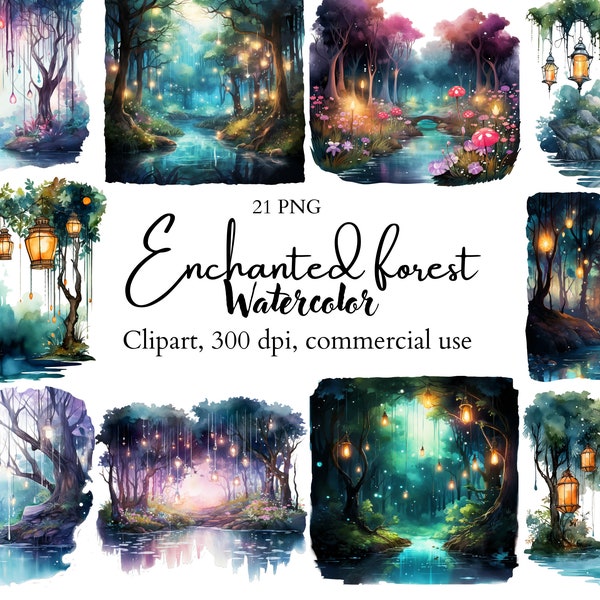 Enchanted forest clip art, magic forest graphics, printable trees lantern, watercolor magical clipart, commercial use, instant download