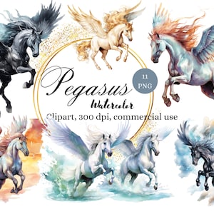 Watercolor Pegasus clip art, flying horse clipart, magical horses graphics, magic horse printable, enchanted animal print, commercial use