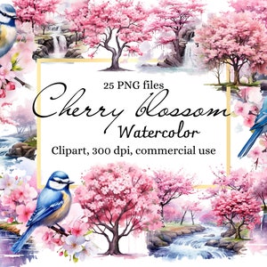 Clipart de flor de cerejeira em aquarela, clipart de árvore rosa japonesa, gráficos incríveis de árvores de flores, floresta floral roxa para impressão, arquivos PNG
