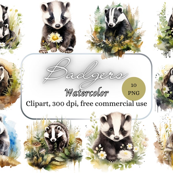 Watercolor badger clip art, cute badgers clipart graphics, forest animal prints, woodland animals printable, instant download, PNG flies