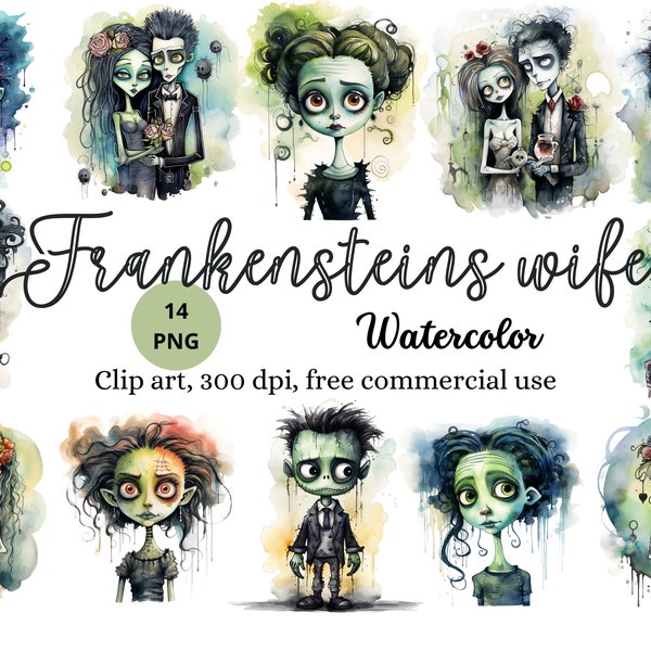 Watercolor Frankenstein clip art, Frankensteins wife clipart, spooky halloween graphics, Tim Burton style cartoon images, scary graphics