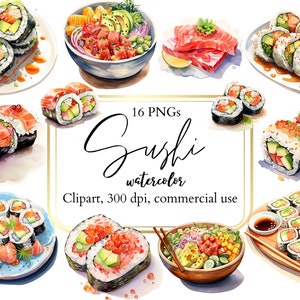 Watercolor sushi clip art, Japanese food graphics, raw salmon clipart, Asian cuisine menu prints, 16 PNG, commercial use, instant download