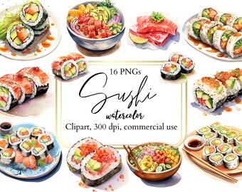 Watercolor sushi clip art, Japanese food graphics, raw salmon clipart, Asian cuisine menu prints, 16 PNG, commercial use, instant download