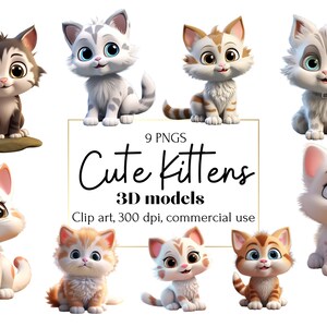 Cute kitten clipart, Kitten 3d model clip art, Kitten printable, Cute kitten printable, 3D model clipart, commercial use, 9 PNGs