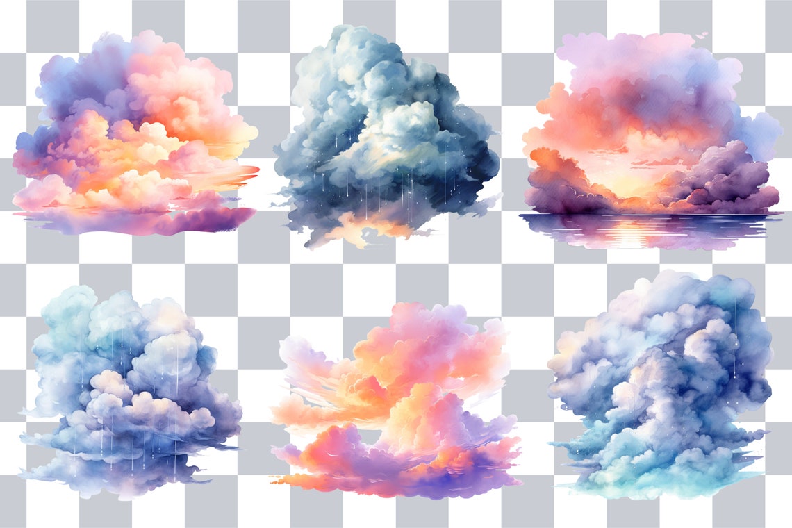 Watercolor Cloud Clip Art, Painted Clouds Clipart Graphics, Sunset Sky ...