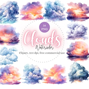 Watercolor cloud clip art, painted clouds clipart graphics, sunset sky prints, sunrise heaven printable, commercial use, instant download