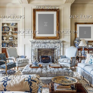 Blank grand millennial living room wall art mockup with gold frames, marble fireplace, blue and white decor, upholstered chairs, and porcelain accents