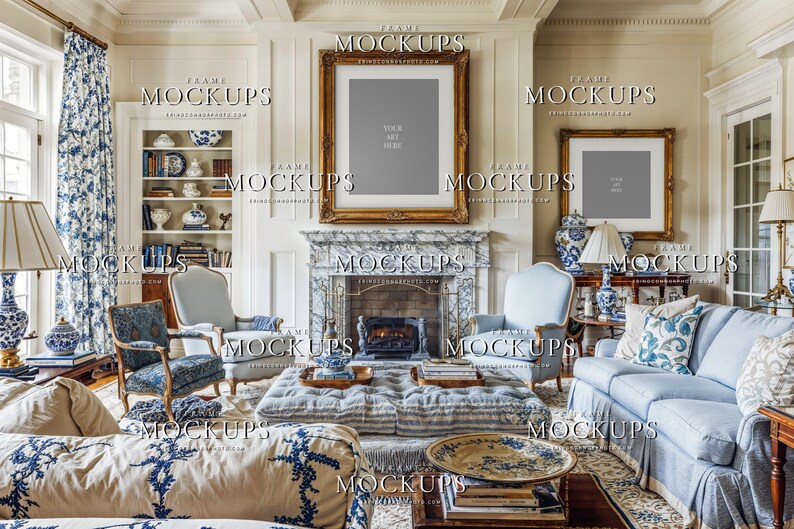 Blank grand millennial living room wall art mockup with gold frames, marble fireplace, blue and white decor, upholstered chairs, and porcelain accents