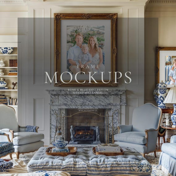 Grand Millennial Living Room Wall Art Mockup Set, Blue White Decor, Gold Frame PSD