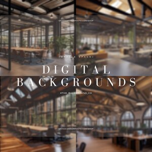 Peut inclure: Image composite présentant des arrière-plans numériques d'espaces de bureau. Le texte "DIGITAL BACKGROUNDS" est mis en évidence, avec les sources "ERINOCONNORPHOTO.COM/SHOP" et "@THE_BACKGROUND_CO". Les arrière-plans montrent des intérieurs de bureaux modernes.