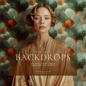 May include: A woman in a gold-colored robe stands before a backdrop with a teal and gold Art Deco stained glass design. The text "DIGITAL BACKDROPS" is displayed, along with "ART DECO STAINED GLASS CORAL REEF COLLECTION".