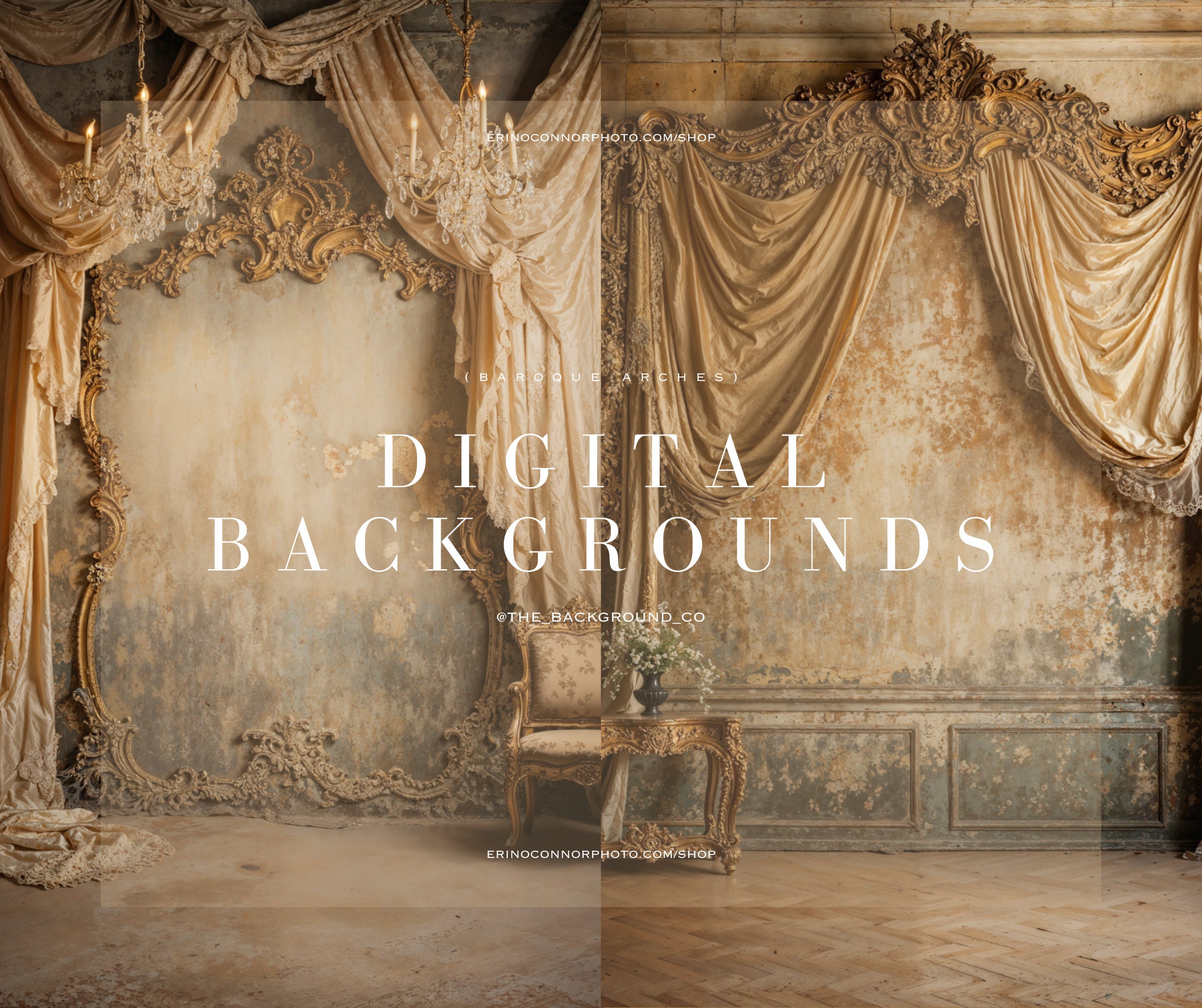 Gold Baroque Frame Arch Background | Fine Art Digital Backdrops | Victorian Distressed Vintage Silk Canopy | Maternity Photoshop Overlays