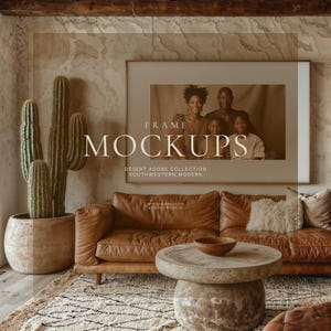 Southwestern Modern Wall Art Mockup Set, Desert Adobe Frame Mockup, Rustic Plaster Living Room PSD