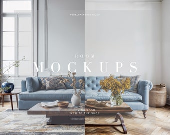Digital Room Backgrounds | Simple White Wall Blue Couch Living Room Backdrop | Display Fine-Art Photography Frames | Room Wall Banner Mockup