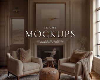 Modern Traditional Living Room Wall Art Mockup Set, Oak & Cashmere Interior, Vertical Horizontal and Square Frame PSD