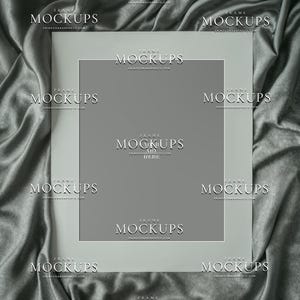 K&ouml;nnte beinhalten: Ein rechteckiger Bilderrahmen-Mockup mit einem hellgrauen Passepartout, zentriert auf einem dunkelgrauen Satin-Stoffhintergrund. Der Rahmen zeigt den wiederholten Text MOCKUPS und ERINCONNORPHOTO.COM auf der Oberfl&auml;che und im Mittelbereich.