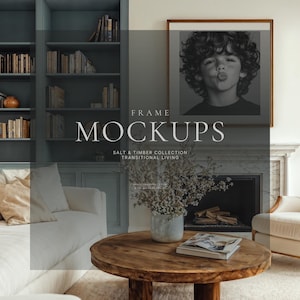 Transitional Living Room Wall Art Mockup Set, Blue Built In Interior, Square and Vertical Frame PSD