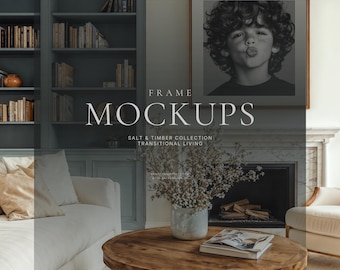 Transitional Living Room Wall Art Mockup Set, Blue Built In Interior, Square and Vertical Frame PSD