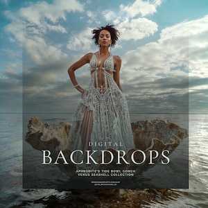 May include: A woman in an elaborate, white, lacy dress stands in a large seashell in the ocean. The dress has cutouts and intricate detailing. The image is a digital backdrop, with text that reads "DIGITAL BACKDROPS" and "APHRODITE'S TIDE BOWL CONCH VENUS SEASHELL COLLECTION."