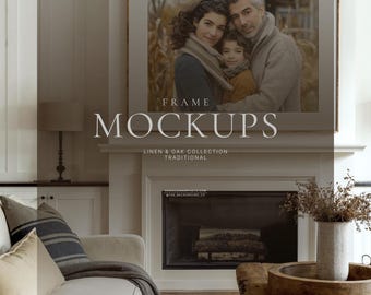 Traditional 'Linen & Oak' Frame Mockups | Neutral Living Room Mockups for Art/Photo Display | Wall Art Prints Marketing | PSD w/ FX Overlays