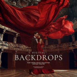 May include: A digital backdrop featuring a vintage opera house interior with a couple in formal attire and flowing red fabric. Text reads: DIGITAL BACKDROPS, RUBY OPERA HOUSE COLLECTION, VINTAGE THEATRE, ERINOCONNORPHOTO.COM/SHOP, @THE_BACKGROUNDS_CO.
