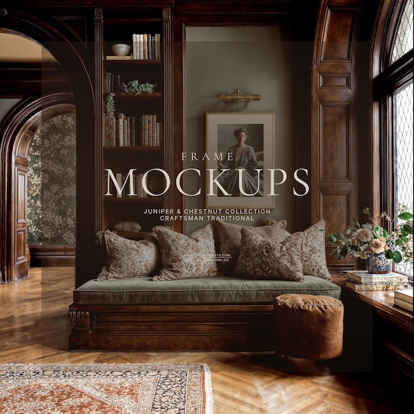 Conjunto de maquetas de arte mural tradicional Craftsman, interior con paneles de madera, marco horizontal y vertical PSD