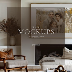 Traditional Living Room Wall Art Mockup Set, Linen Sofa, Oak Frame PSD