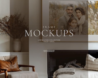 Traditional Living Room Wall Art Mockup Set, Linen Sofa, Oak Frame PSD