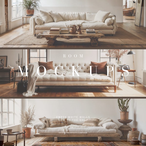 6 Digital Room Mockups & Backgrounds - White Wall White Couch Living Rooms - Simple Classy Unique Stylish Contemporary Backdrops