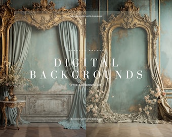Dramatic Gold & Teal Arch | 8 Digital Backdrops | Rustic Vintage Distressed Background Walls | Silk Drapery Frame | Fine Art Composite Stock