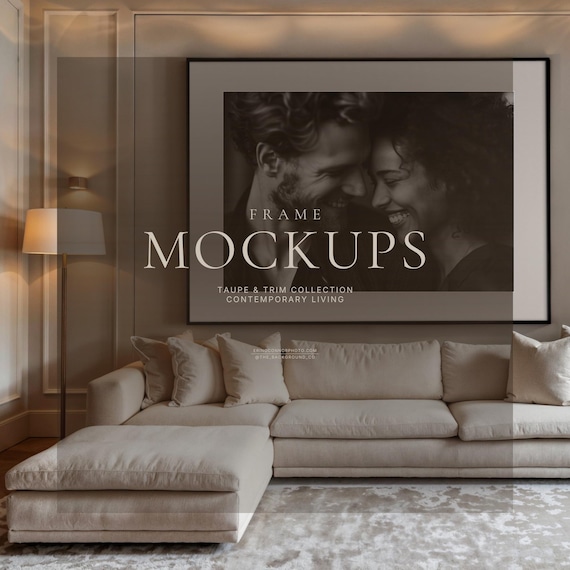 Contemporary Taupe Living Room Wall Art Mockup Set, Large Frame PSD