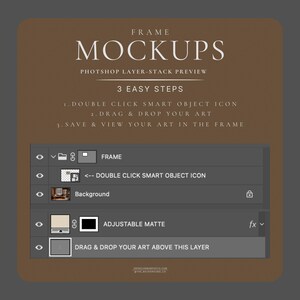 Frame mockup instruction image showing a Photoshop layer panel and 3 easy steps to use a smart object, double click the smart object icon, drag and drop your artwork, save to update your art in the frame.