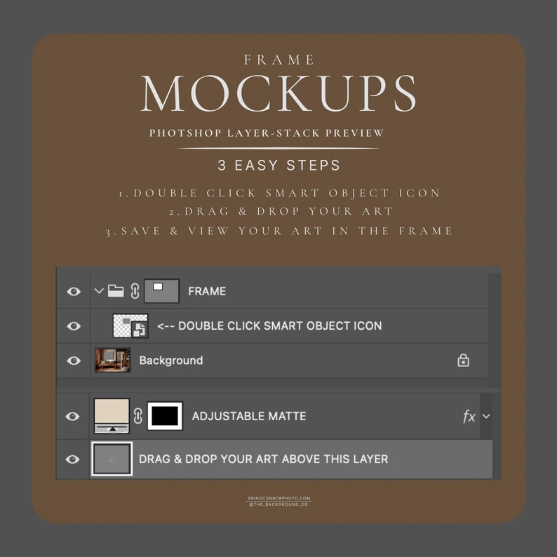 Frame mockup instruction image showing a Photoshop layer panel and 3 easy steps to use a smart object, double click the smart object icon, drag and drop your artwork, save to update your art in the frame.