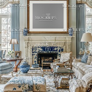 Blank grand millennial wall art mockup with large gold frame above marble fireplace, blue drapery, porcelain vases, classic chairs, and soft decor