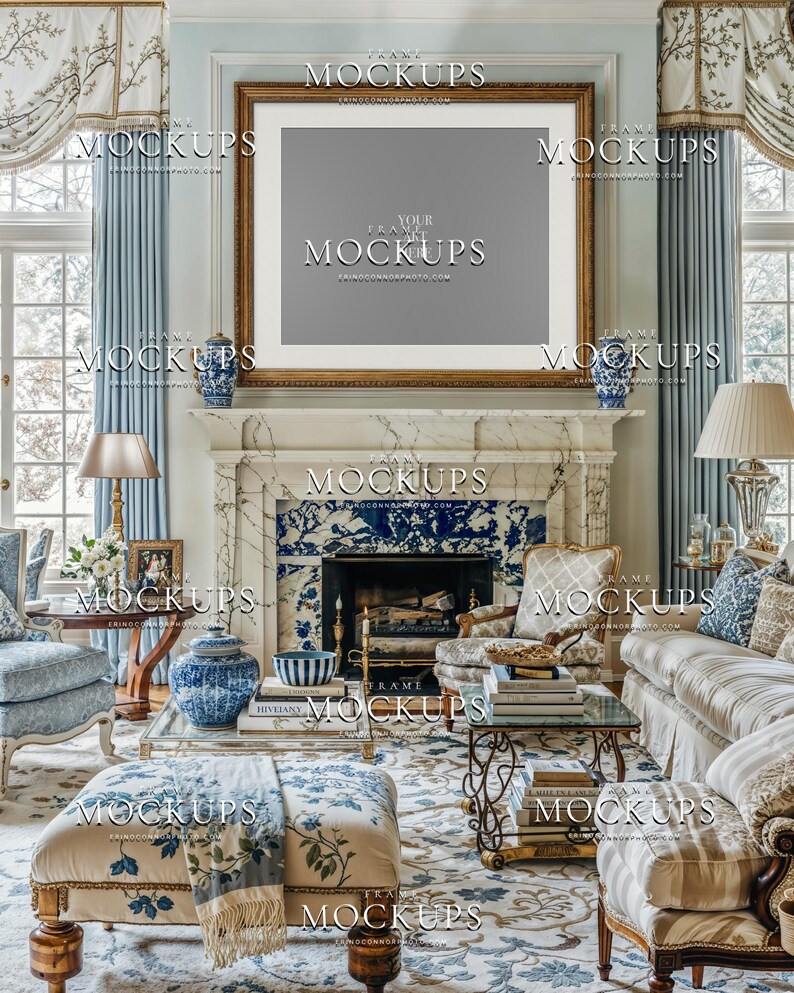 Blank grand millennial wall art mockup with large gold frame above marble fireplace, blue drapery, porcelain vases, classic chairs, and soft decor