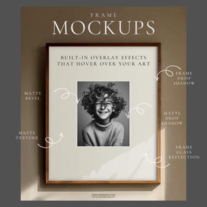 Frame mockup overlay effects explainer showing how realism is created with layers that sit above your artwork, including matte texture, matte bevel, frame drop shadow, matte drop shadow, and glass reflection.